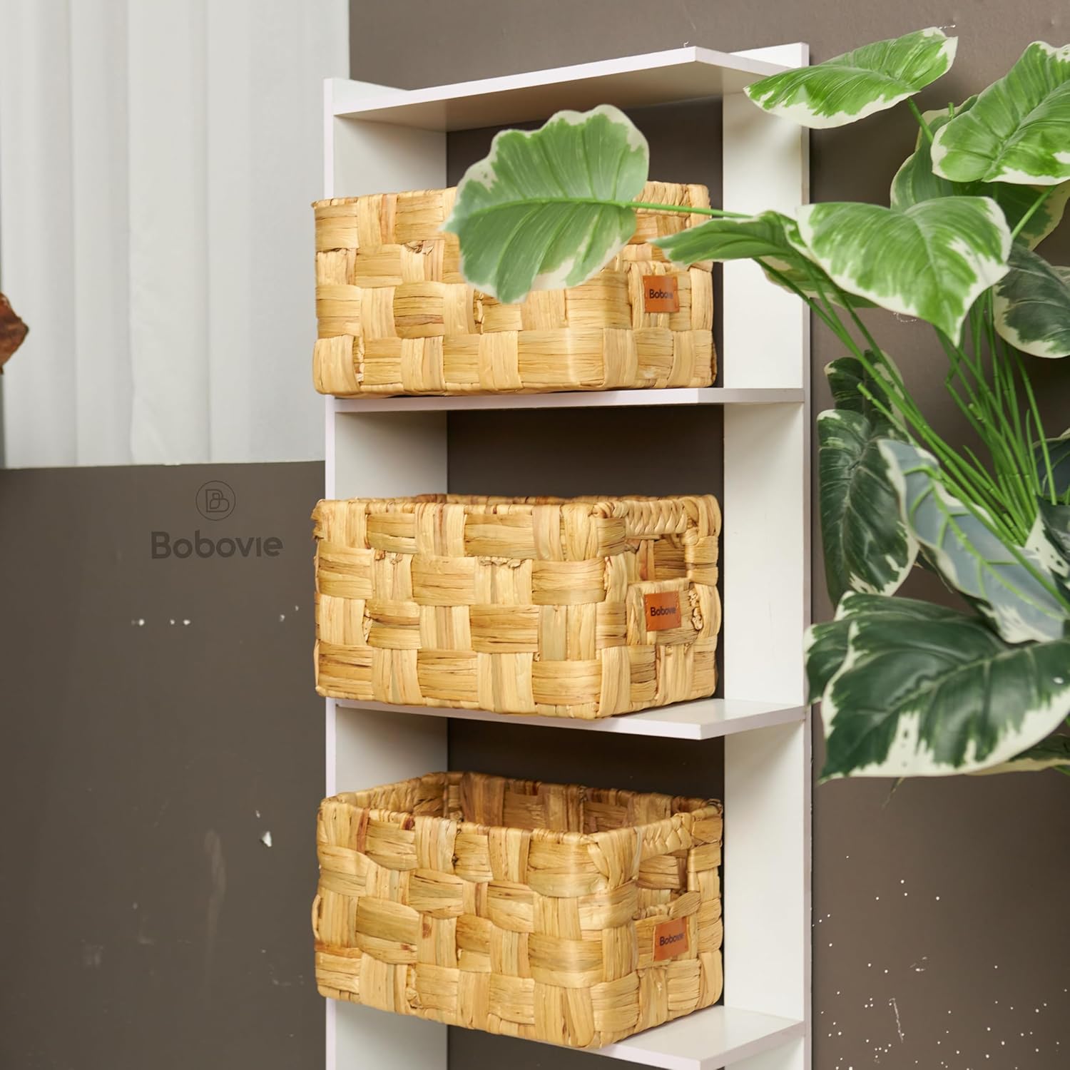 Water Hyacinth Large Wicker Baskets, Set of 3, Handwoven Storage Organizer, 14.2x10.2x8.7H Inches - Durable Rectangular Basket for Shelf Storage, Ideal for Home and Pantry - Grand Goldman