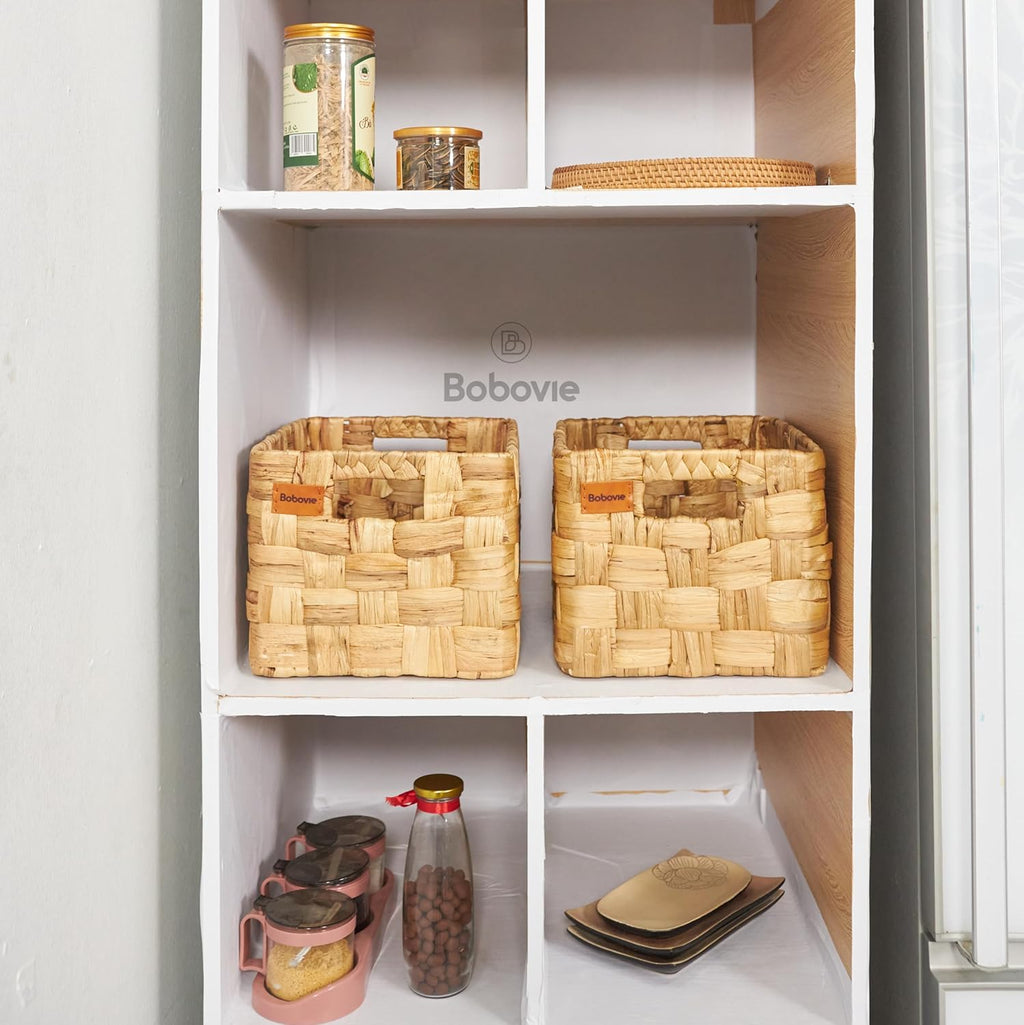 Water Hyacinth Large Wicker Baskets, Set of 3, Handwoven Storage Organizer, 14.2x10.2x8.7H Inches - Durable Rectangular Basket for Shelf Storage, Ideal for Home and Pantry - Grand Goldman