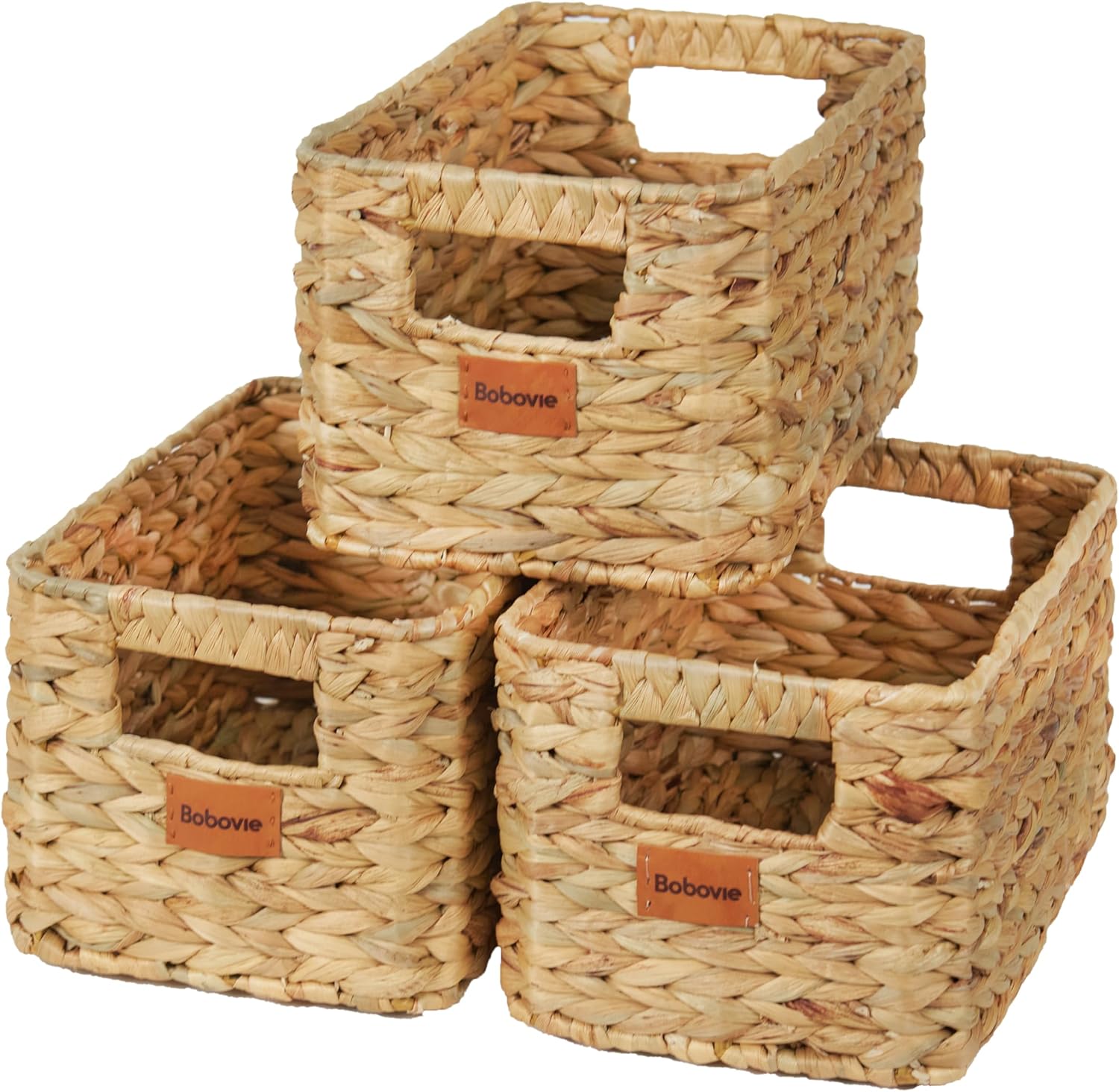 Water Hyacinth Large Wicker Baskets, Set of 3, Handwoven Storage Organizer, 14.2x10.2x8.7H Inches - Durable Rectangular Basket for Shelf Storage, Ideal for Home and Pantry - Grand Goldman