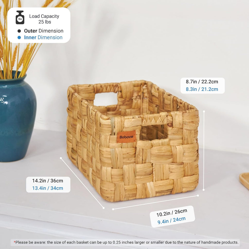 Water Hyacinth Large Wicker Baskets, Set of 3, Handwoven Storage Organizer, 14.2x10.2x8.7H Inches - Durable Rectangular Basket for Shelf Storage, Ideal for Home and Pantry - Grand Goldman