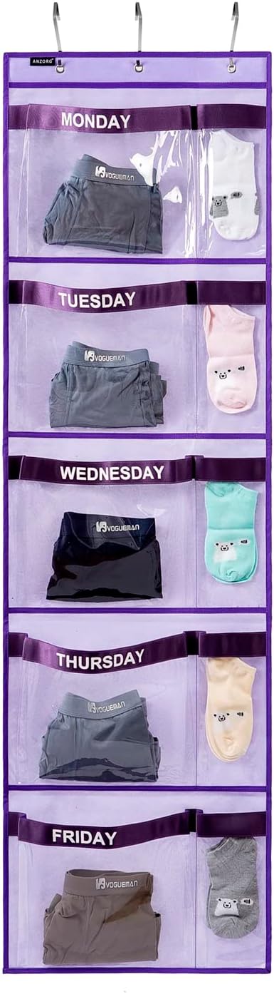 Weekly Kids Clothes Organizer Day of Week School Clothing Storage Monday to Friday Hanging Closet Organizer (Purple) - Grand Goldman