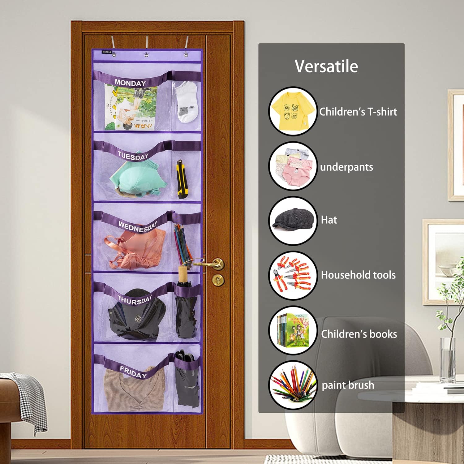 Weekly Kids Clothes Organizer Day of Week School Clothing Storage Monday to Friday Hanging Closet Organizer (Purple) - Grand Goldman