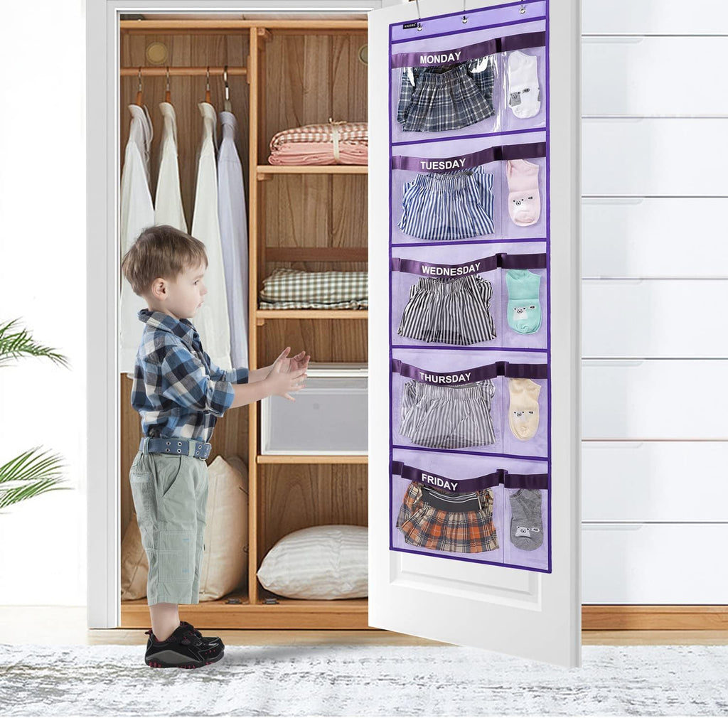 Weekly Kids Clothes Organizer Day of Week School Clothing Storage Monday to Friday Hanging Closet Organizer (Purple) - Grand Goldman
