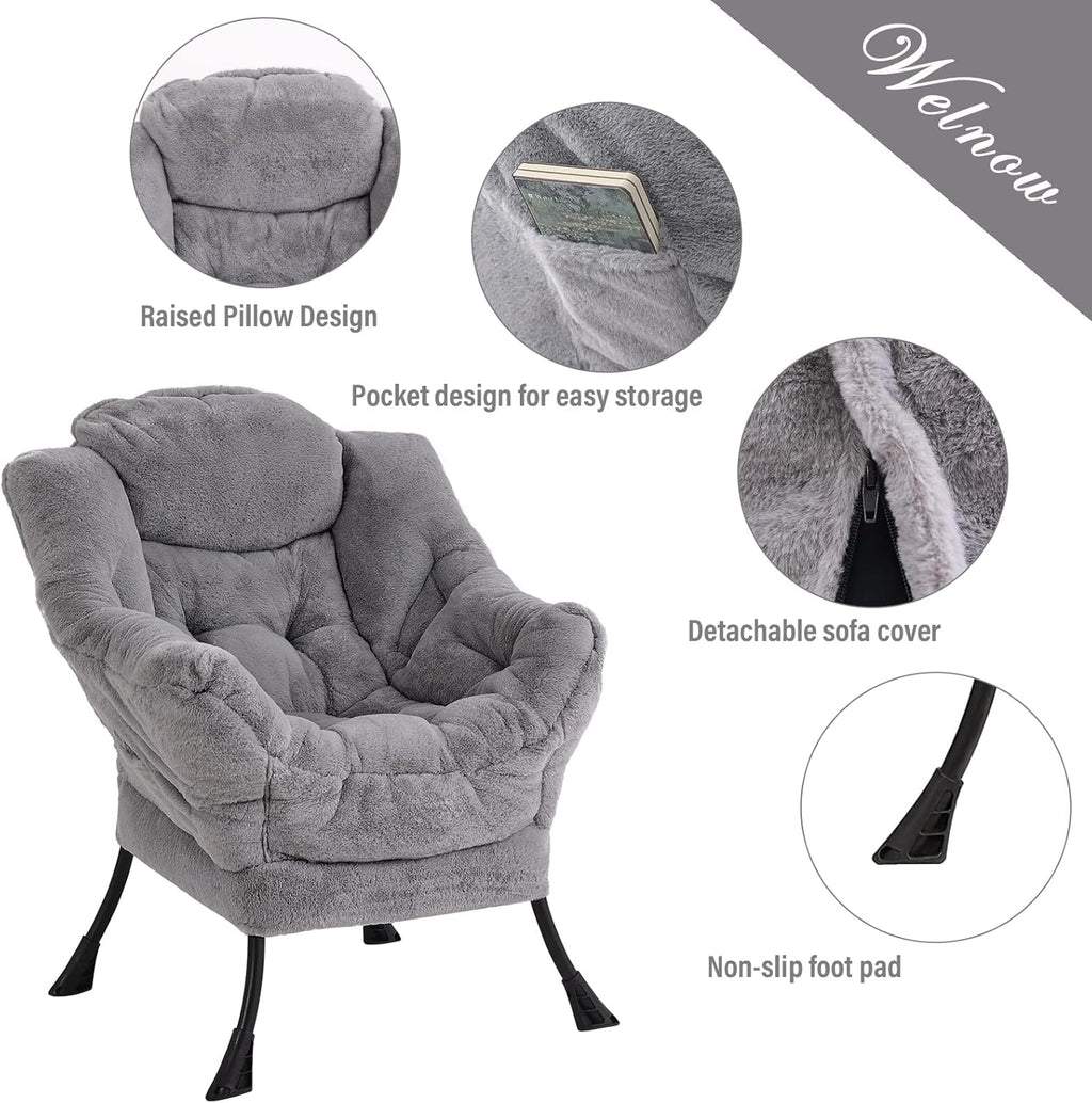 Welnow Lazy Chair with Ottoman, Modern Lounge Accent Chair with Armrests and a Side Pocket, Leisure Sofa Chair Set, Reading Chair with Footrest for Small Space, Corner Chair, Plush Grey - Grand Goldman