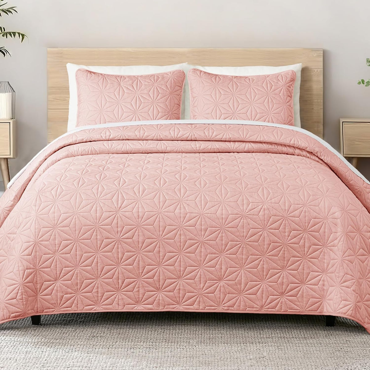 Whale Flotilla Queen Size Quilt Bedding Set, Soft Purple Queen/Full Quilts Bedspreads for All Seasons, Lightweight Geometric Star Pattern Coverlets - 3 Pieces(1 Quilt, 2 Pillow Shams) - Grand Goldman