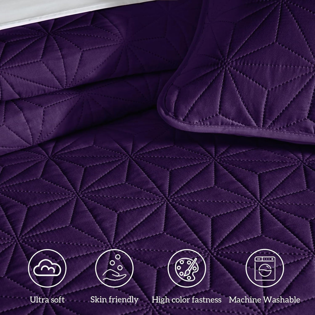 Whale Flotilla Queen Size Quilt Bedding Set, Soft Purple Queen/Full Quilts Bedspreads for All Seasons, Lightweight Geometric Star Pattern Coverlets - 3 Pieces(1 Quilt, 2 Pillow Shams) - Grand Goldman