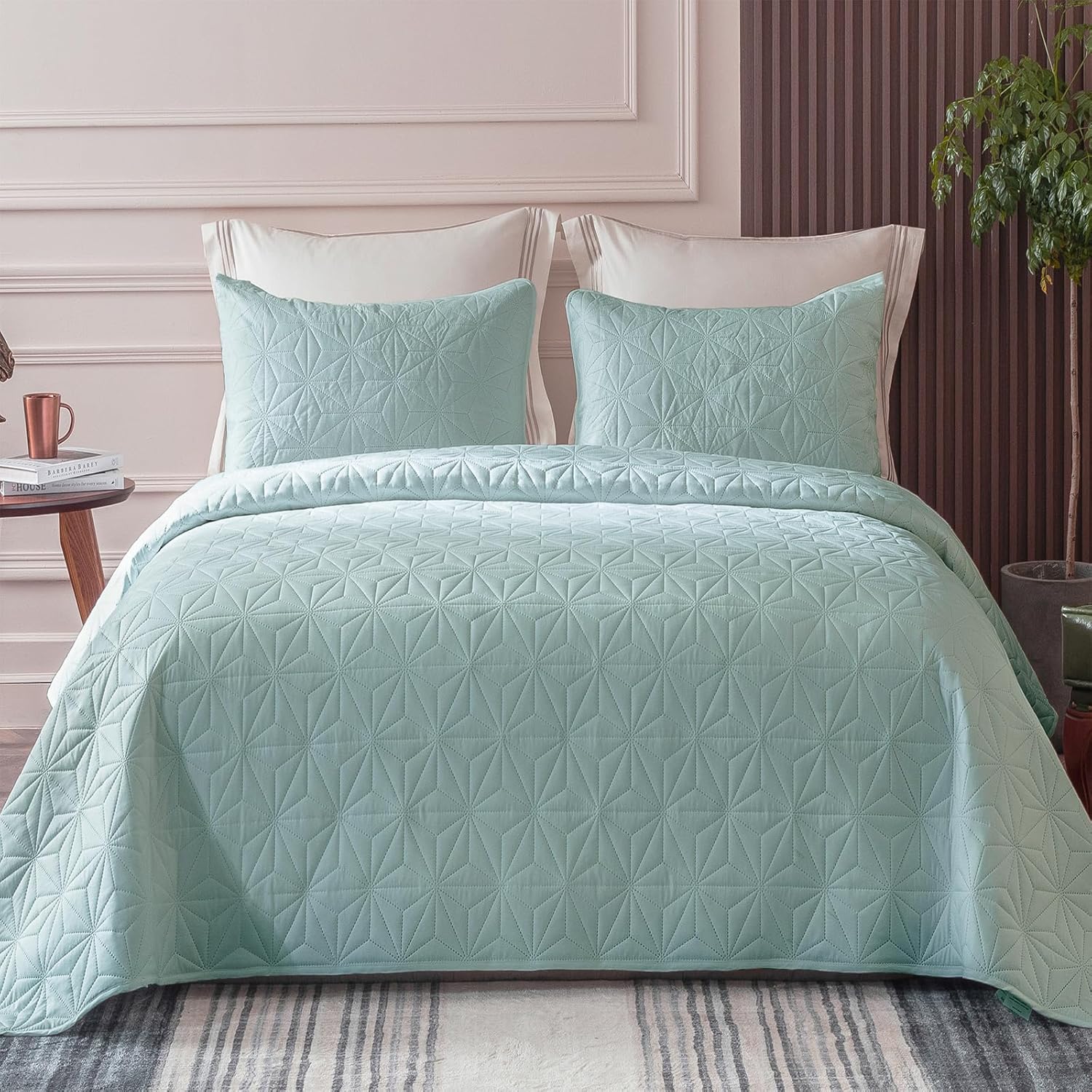 Whale Flotilla Queen Size Quilt Bedding Set, Soft Purple Queen/Full Quilts Bedspreads for All Seasons, Lightweight Geometric Star Pattern Coverlets - 3 Pieces(1 Quilt, 2 Pillow Shams) - Grand Goldman