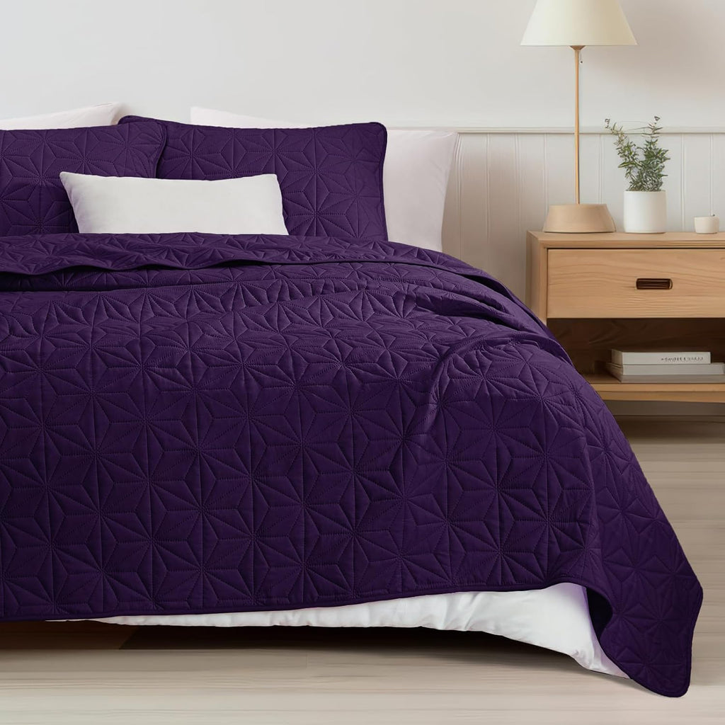 Whale Flotilla Queen Size Quilt Bedding Set, Soft Purple Queen/Full Quilts Bedspreads for All Seasons, Lightweight Geometric Star Pattern Coverlets - 3 Pieces(1 Quilt, 2 Pillow Shams) - Grand Goldman
