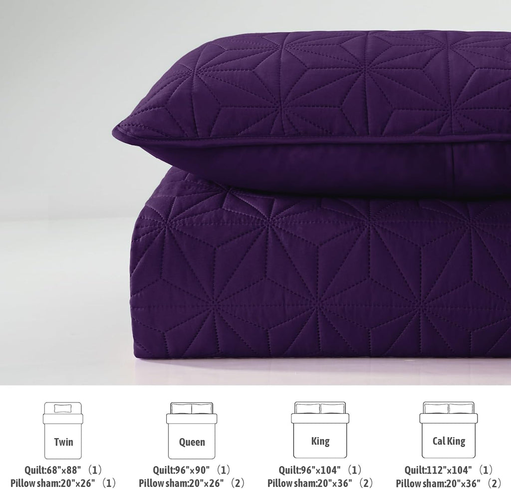 Whale Flotilla Queen Size Quilt Bedding Set, Soft Purple Queen/Full Quilts Bedspreads for All Seasons, Lightweight Geometric Star Pattern Coverlets - 3 Pieces(1 Quilt, 2 Pillow Shams) - Grand Goldman