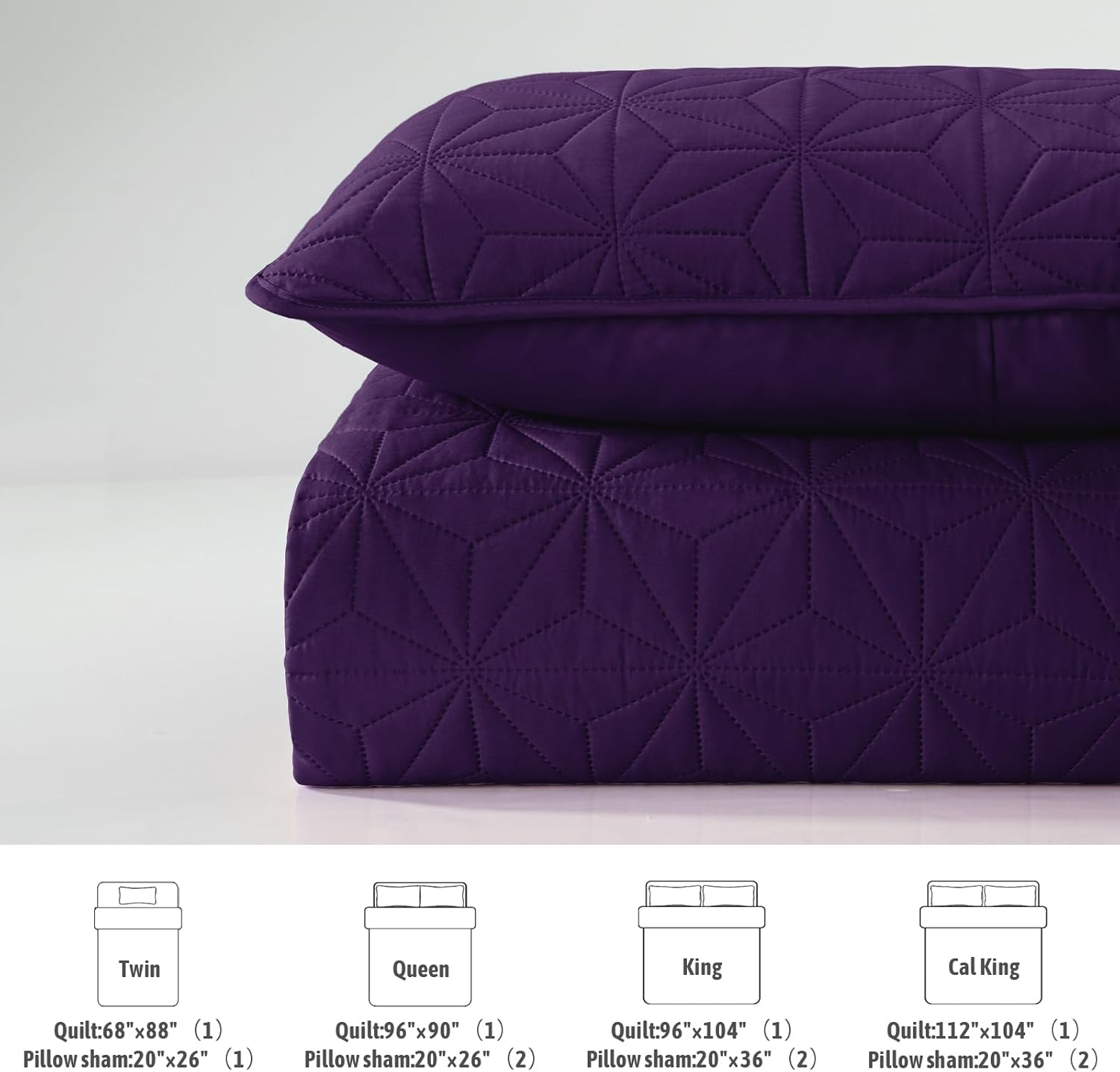Whale Flotilla Queen Size Quilt Bedding Set, Soft Purple Queen/Full Quilts Bedspreads for All Seasons, Lightweight Geometric Star Pattern Coverlets - 3 Pieces(1 Quilt, 2 Pillow Shams) - Grand Goldman