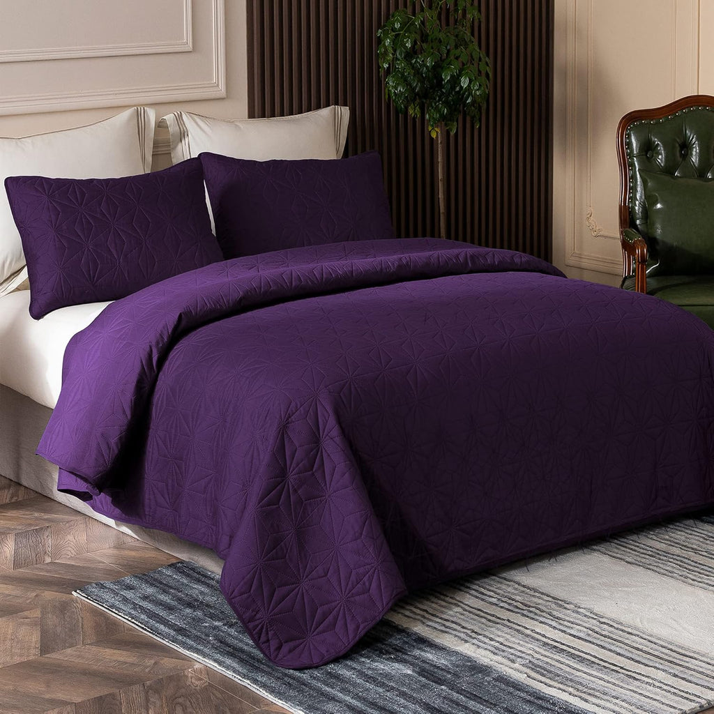 Whale Flotilla Queen Size Quilt Bedding Set, Soft Purple Queen/Full Quilts Bedspreads for All Seasons, Lightweight Geometric Star Pattern Coverlets - 3 Pieces(1 Quilt, 2 Pillow Shams) - Grand Goldman