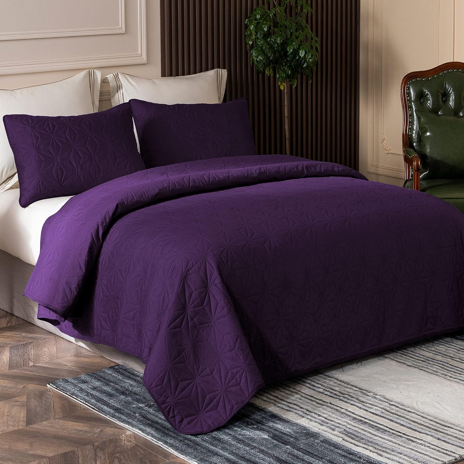Whale Flotilla Queen Size Quilt Bedding Set, Soft Purple Queen/Full Quilts Bedspreads for All Seasons, Lightweight Geometric Star Pattern Coverlets - 3 Pieces(1 Quilt, 2 Pillow Shams) - Grand Goldman