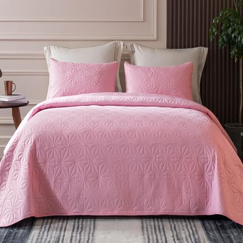Whale Flotilla Queen Size Quilt Bedding Set, Soft Purple Queen/Full Quilts Bedspreads for All Seasons, Lightweight Geometric Star Pattern Coverlets - 3 Pieces(1 Quilt, 2 Pillow Shams) - Grand Goldman
