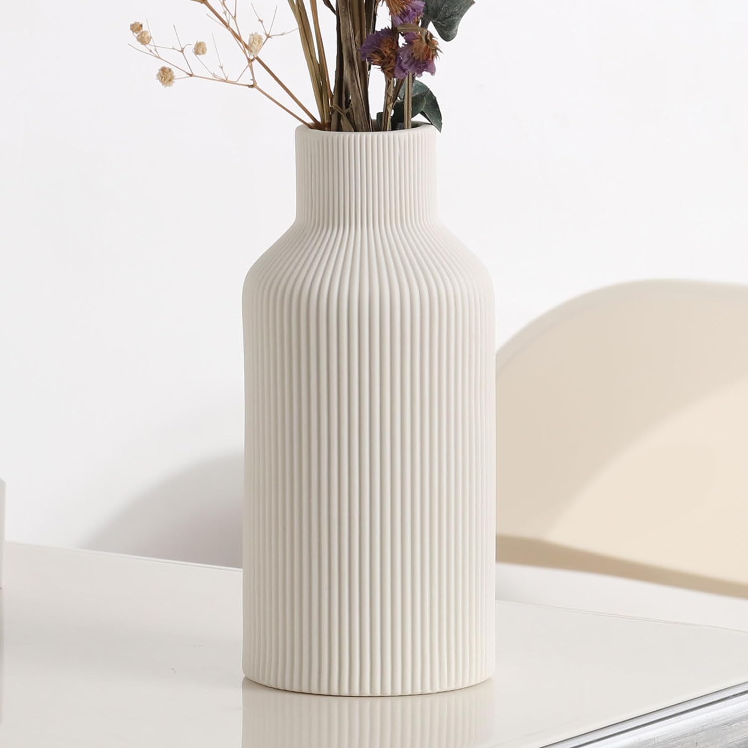 White Ceramic Flower Vase, Minimalist Modern Home Decor, Small Pampas Grass Vases for Table, Shelf Bookshelf, Mantel, Entryway and Centerpieces (8 in) - Grand Goldman