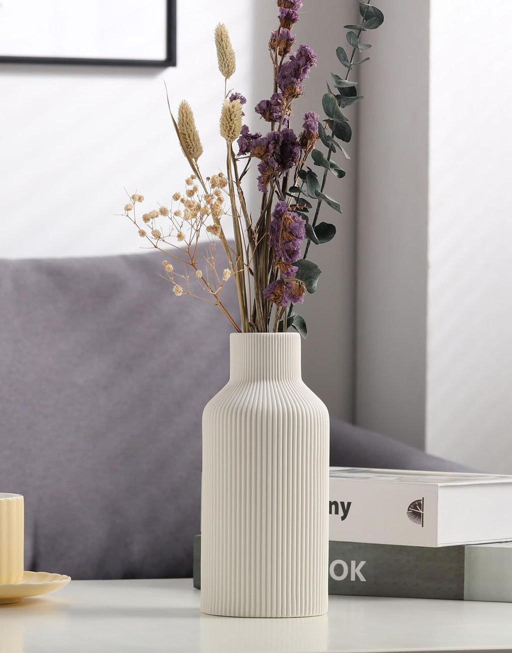 White Ceramic Flower Vase, Minimalist Modern Home Decor, Small Pampas Grass Vases for Table, Shelf Bookshelf, Mantel, Entryway and Centerpieces (8 in) - Grand Goldman