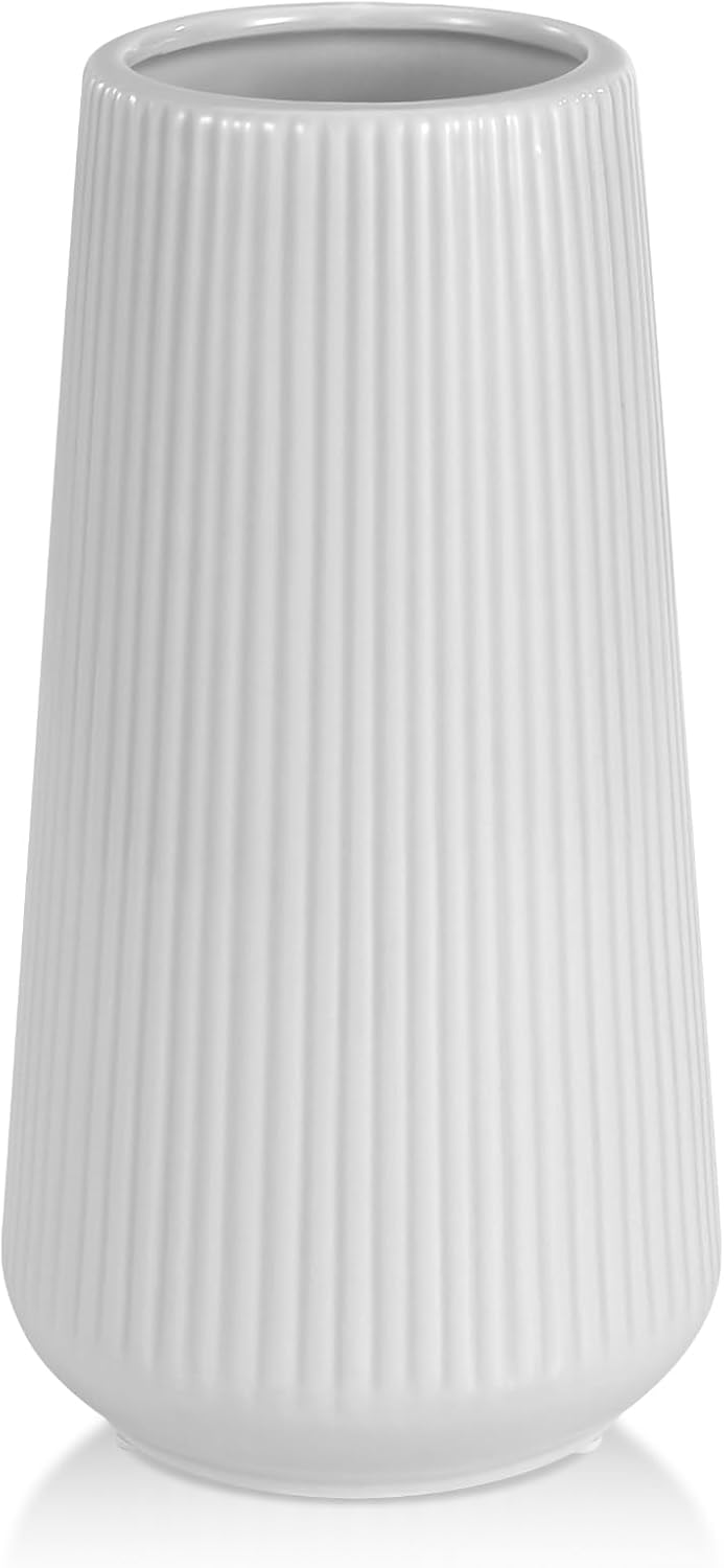 White Ceramic Vase, GUKJOB Flower Vase Ceramic Vase for Flowers, Decorative White Vase for Pampas Grass, Small Vase for Home Living Room Dining Table Farmhouse Office Decor (White) - Grand Goldman