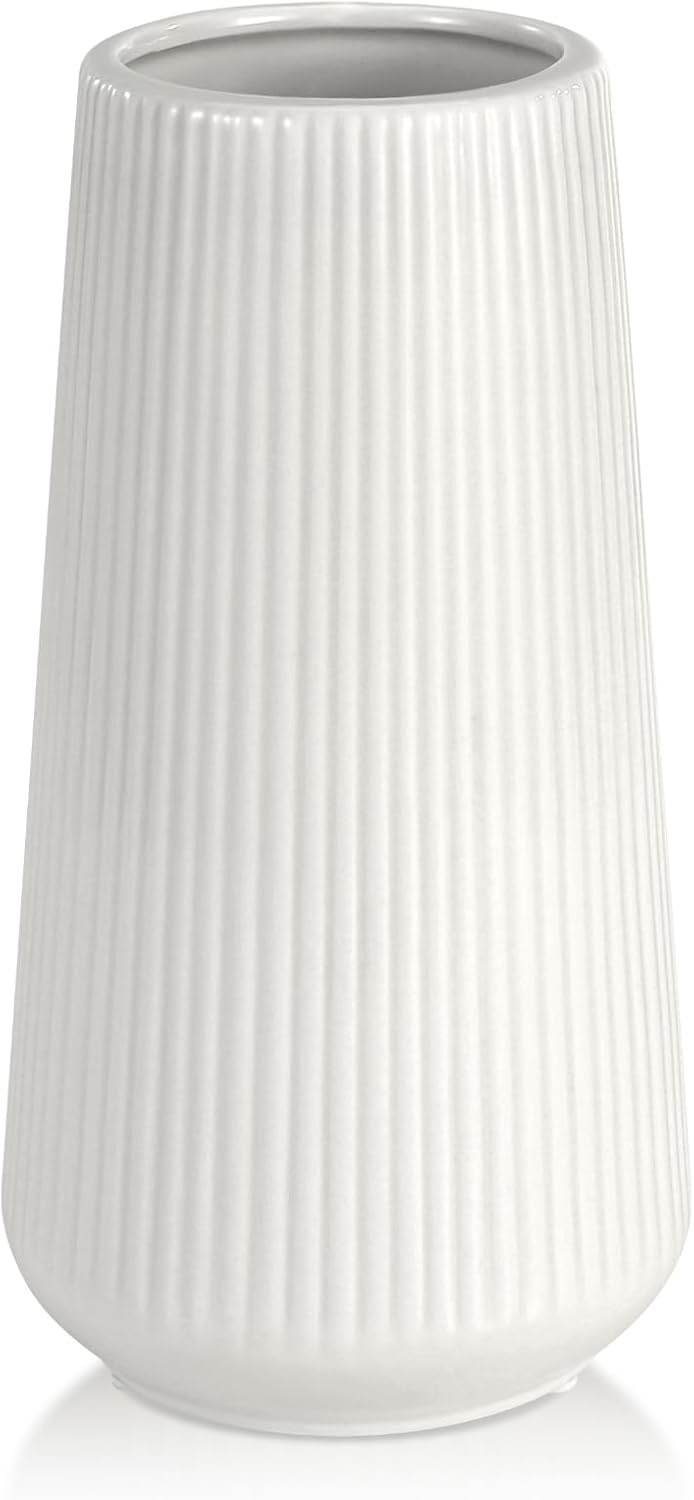 White Ceramic Vase, GUKJOB Flower Vase Ceramic Vase for Flowers, Decorative White Vase for Pampas Grass, Small Vase for Home Living Room Dining Table Farmhouse Office Decor (White) - Grand Goldman
