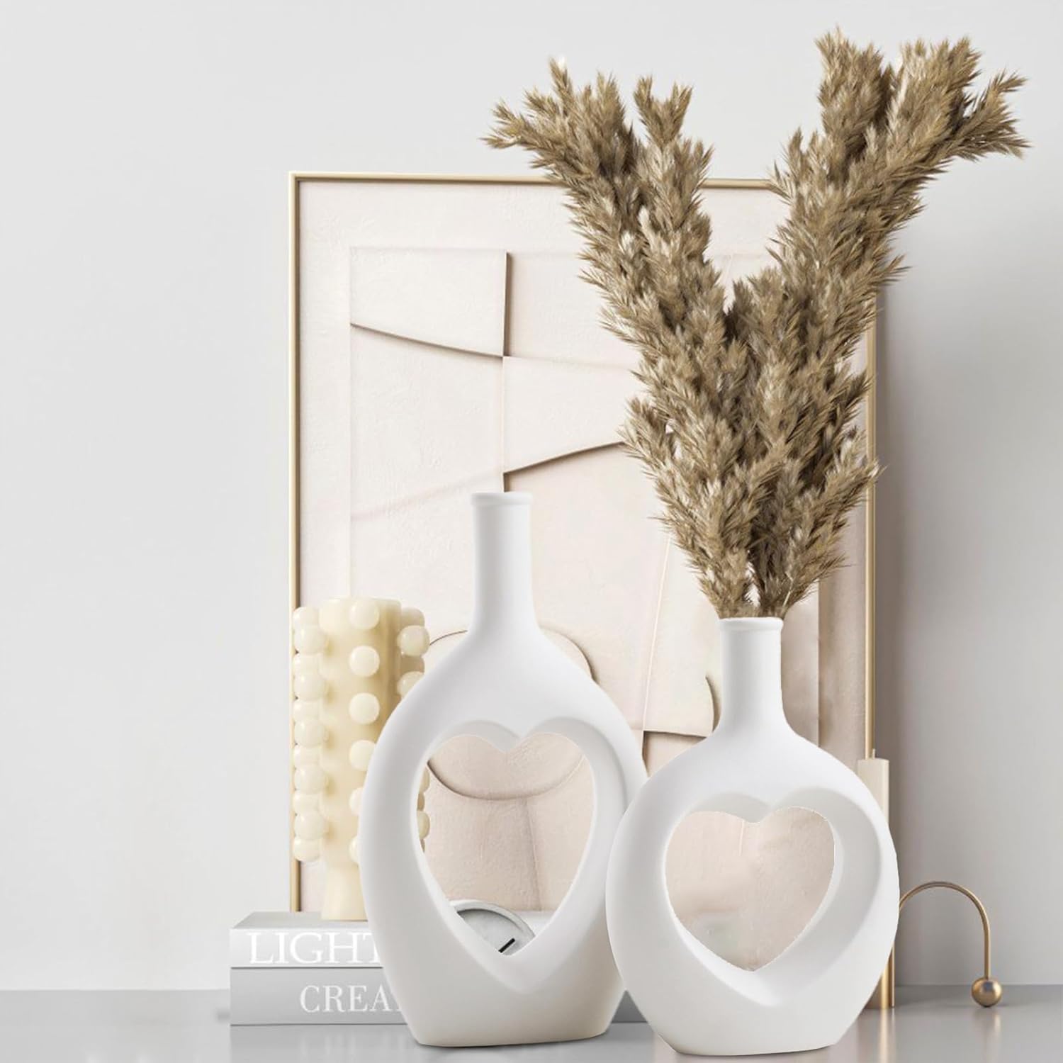 White Ceramic Vase Set of 2，Square Vase Rustic Home Decor Minimalist Nordic Boho Style for Living Room, Shelf, Table, Bookshelf, Mantel and Entryway Decor Vases - Grand Goldman