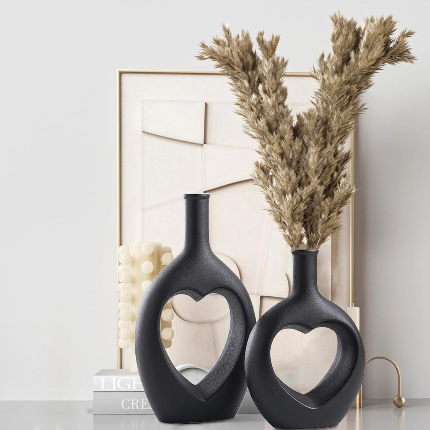 White Ceramic Vase Set of 2，Square Vase Rustic Home Decor Minimalist Nordic Boho Style for Living Room, Shelf, Table, Bookshelf, Mantel and Entryway Decor Vases - Grand Goldman