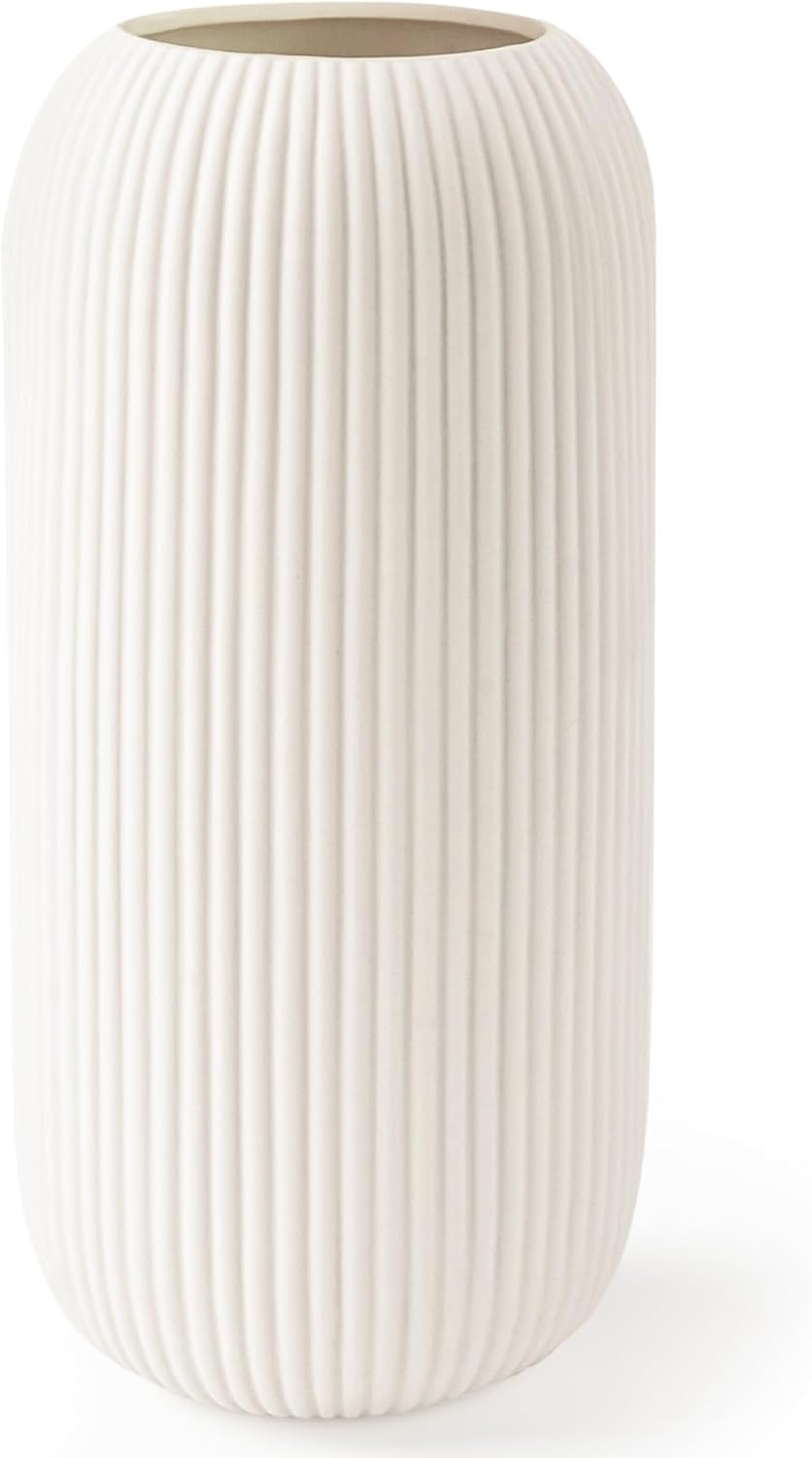 White Ceramic Vase for Flowers, 8 INCH Flower Vase Modern White Vase Home Decor, Small Vase, Ribbed Textured Vase for Pampas Grass Decorative Vase, for Farmhouse Coffee Table Bookshelf Home Living - Grand Goldman