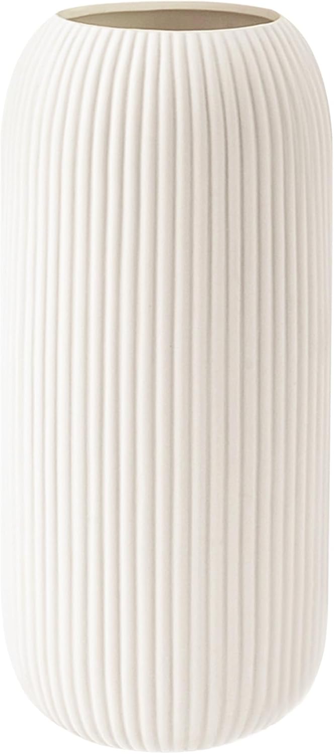 White Ceramic Vase for Flowers, 8 INCH Flower Vase Modern White Vase Home Decor, Small Vase, Ribbed Textured Vase for Pampas Grass Decorative Vase, for Farmhouse Coffee Table Bookshelf Home Living - Grand Goldman