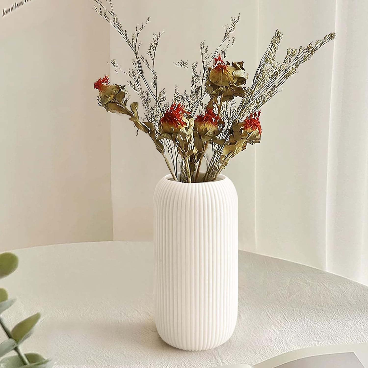 White Ceramic Vase for Flowers, 8 INCH Flower Vase Modern White Vase Home Decor, Small Vase, Ribbed Textured Vase for Pampas Grass Decorative Vase, for Farmhouse Coffee Table Bookshelf Home Living - Grand Goldman