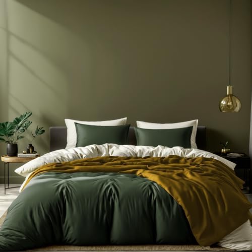 White Classic Dark Green Duvet Cover King Size, Microfiber Duvet Cover with Zipper, Duvet Cover Set with 2 Pillow Shams, Luxury Soft Comforter Cover King Size, 104 x 90 | Comforter Not Included - Grand Goldman