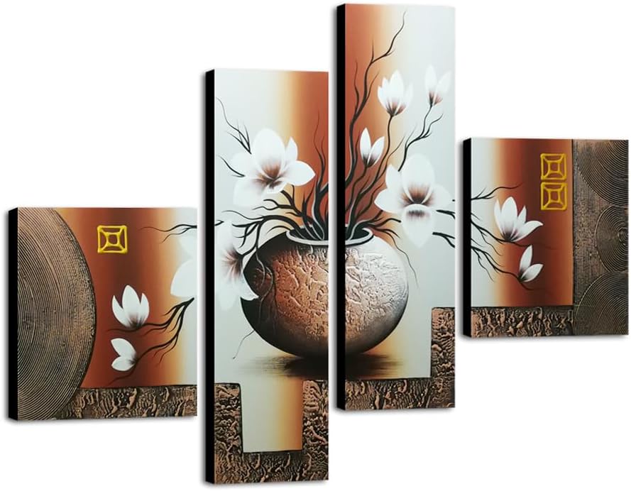 Wieco Art -Stretched and Framed 100% Hand-painted Modern Canvas Wall Art Stretched and Framed Elegant Flowers for Home Decoration Floral Oil Paintings on Canvas 4pcs/set - Grand Goldman