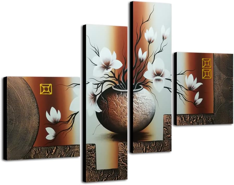 Wieco Art -Stretched and Framed 100% Hand-painted Modern Canvas Wall Art Stretched and Framed Elegant Flowers for Home Decoration Floral Oil Paintings on Canvas 4pcs/set - Grand Goldman