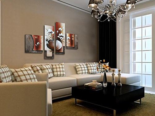 Wieco Art -Stretched and Framed 100% Hand-painted Modern Canvas Wall Art Stretched and Framed Elegant Flowers for Home Decoration Floral Oil Paintings on Canvas 4pcs/set - Grand Goldman