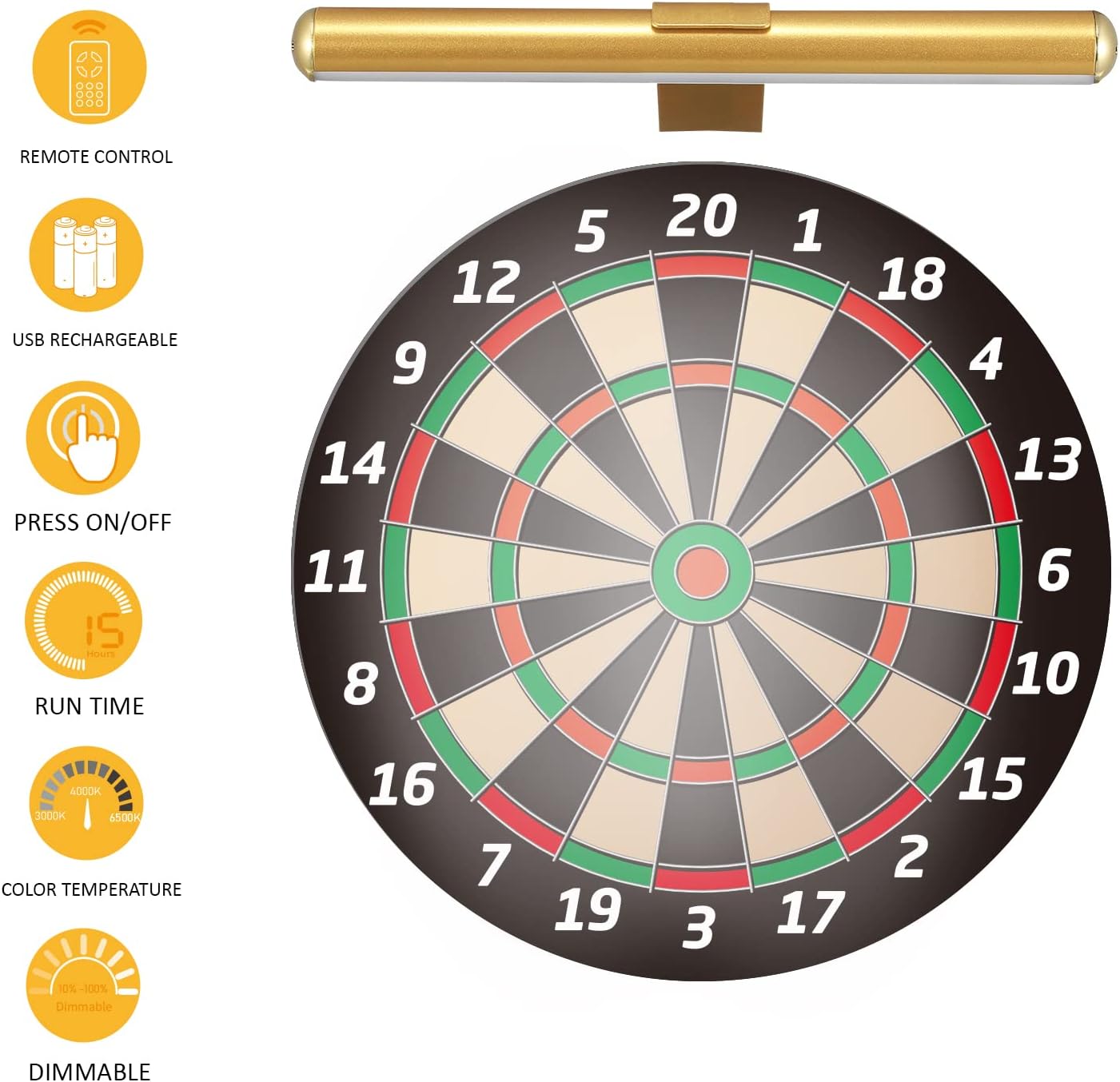 Wireless Picture Light Battery Operated,Rechargeable Painting Light with Remote Control, Metal Art Light Display Lamp,3 Modes,Dimmable Dartboard Light with Timer for Frame Gallery,300LM, Gold - Grand Goldman
