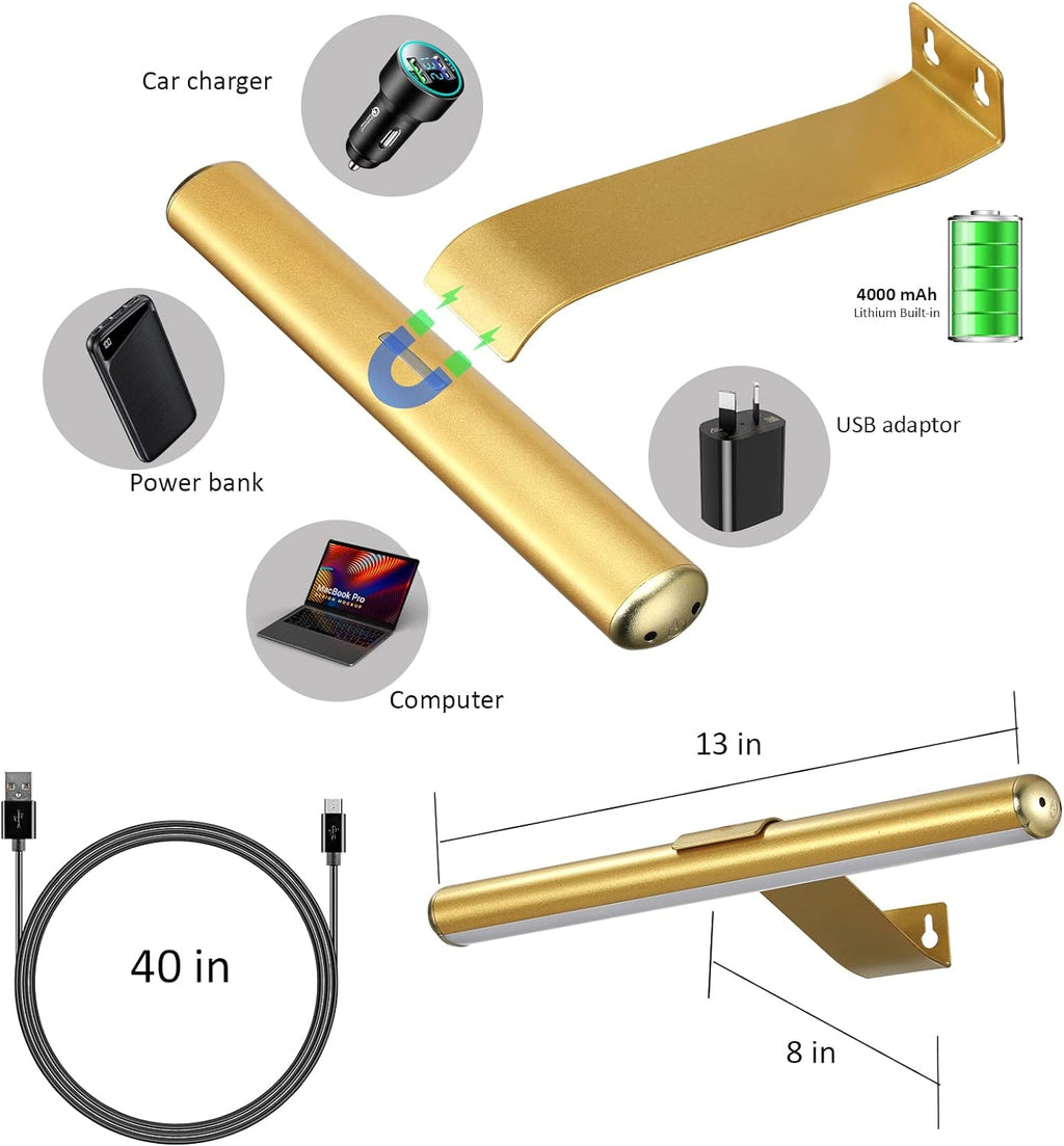 Wireless Picture Light Battery Operated,Rechargeable Painting Light with Remote Control, Metal Art Light Display Lamp,3 Modes,Dimmable Dartboard Light with Timer for Frame Gallery,300LM, Gold - Grand Goldman