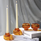 Woho Candlestick Holders Set of 4, Amber Votive Candle Holders for Fall Wedding Table Centerpiece, Ribbed Glass Taper Candle Holders for Dinner Party Halloween Thanksgiving Decor - Grand Goldman