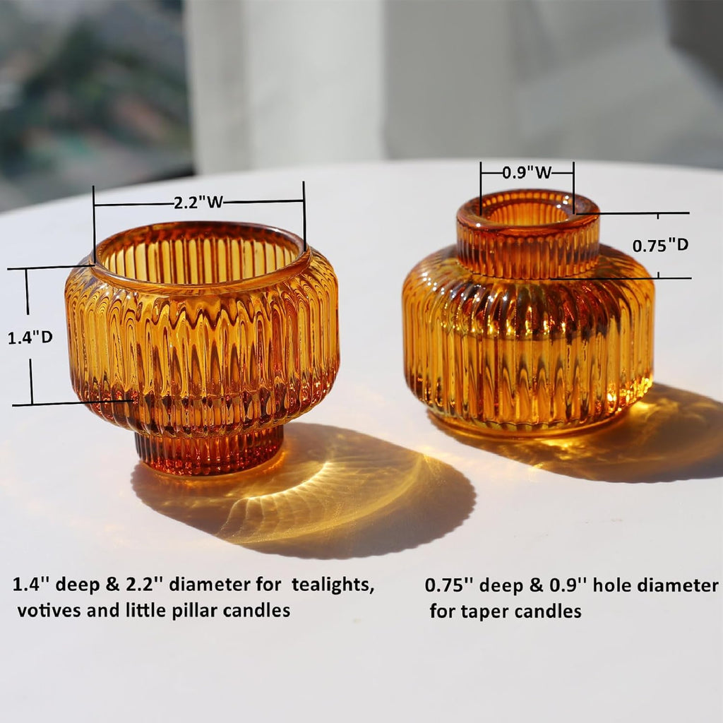 Woho Candlestick Holders Set of 4, Amber Votive Candle Holders for Fall Wedding Table Centerpiece, Ribbed Glass Taper Candle Holders for Dinner Party Halloween Thanksgiving Decor - Grand Goldman