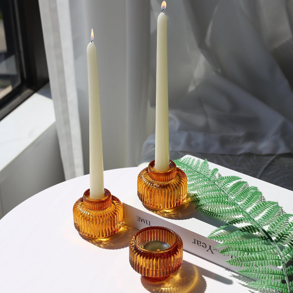 Woho Candlestick Holders Set of 4, Amber Votive Candle Holders for Fall Wedding Table Centerpiece, Ribbed Glass Taper Candle Holders for Dinner Party Halloween Thanksgiving Decor - Grand Goldman