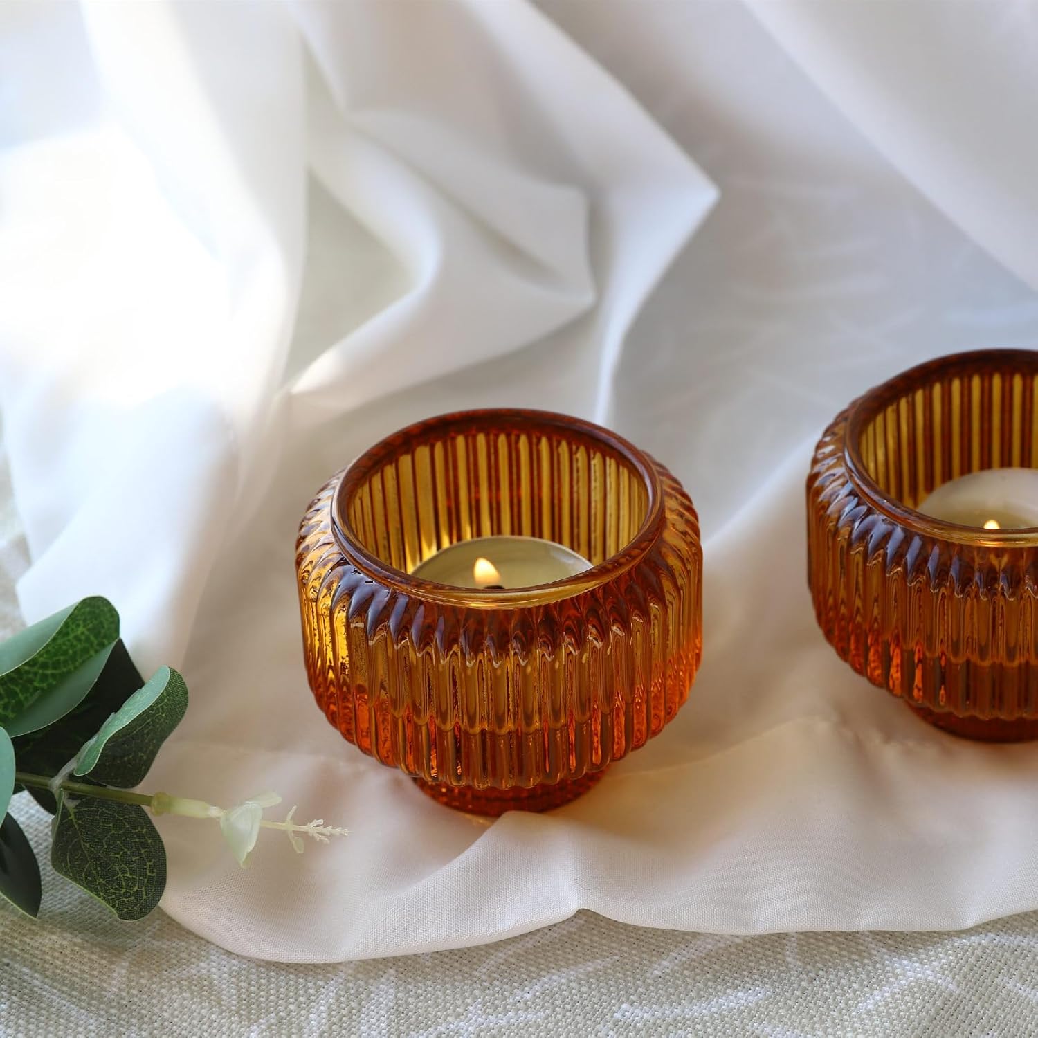 Woho Candlestick Holders Set of 4, Amber Votive Candle Holders for Fall Wedding Table Centerpiece, Ribbed Glass Taper Candle Holders for Dinner Party Halloween Thanksgiving Decor - Grand Goldman