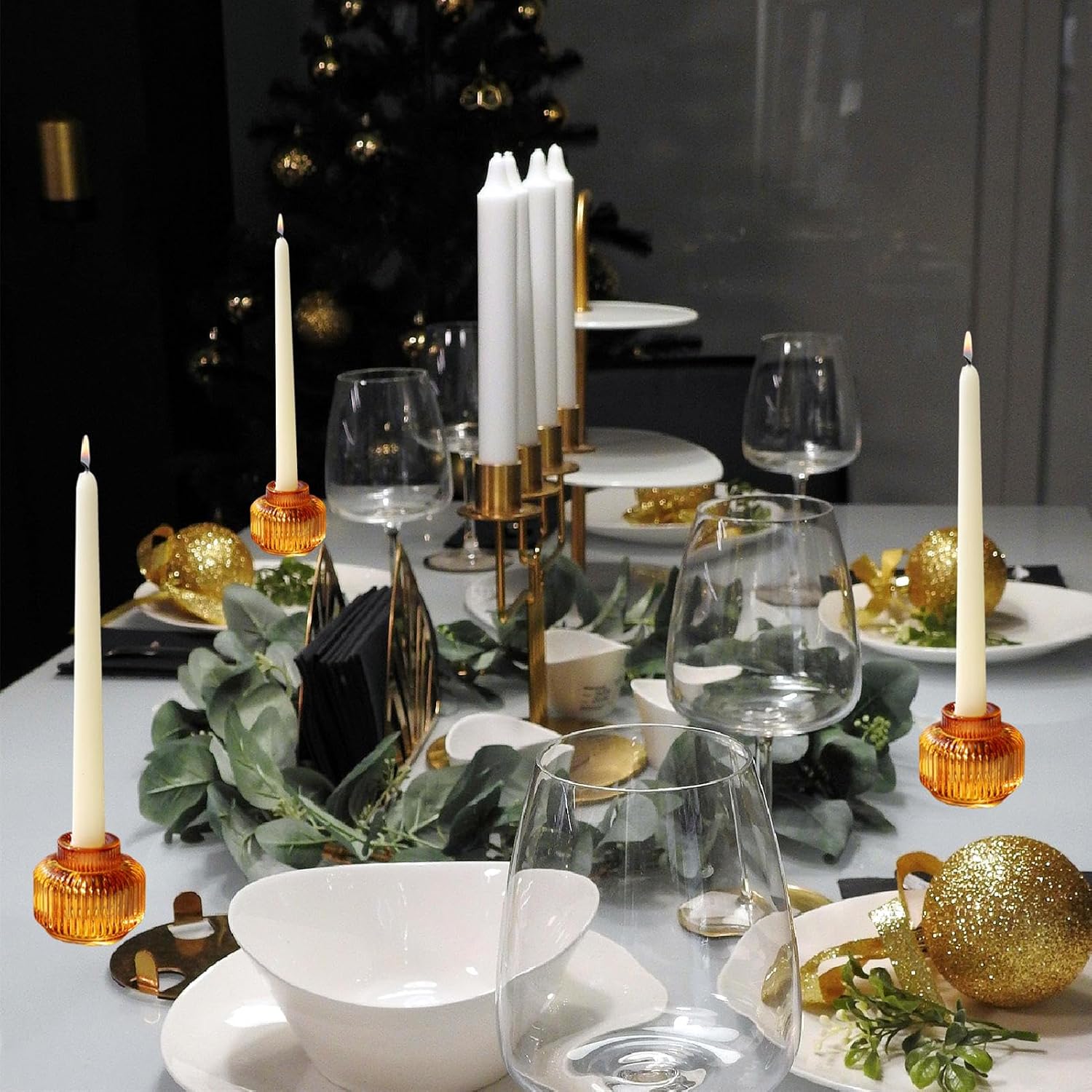 Woho Candlestick Holders Set of 4, Amber Votive Candle Holders for Fall Wedding Table Centerpiece, Ribbed Glass Taper Candle Holders for Dinner Party Halloween Thanksgiving Decor - Grand Goldman