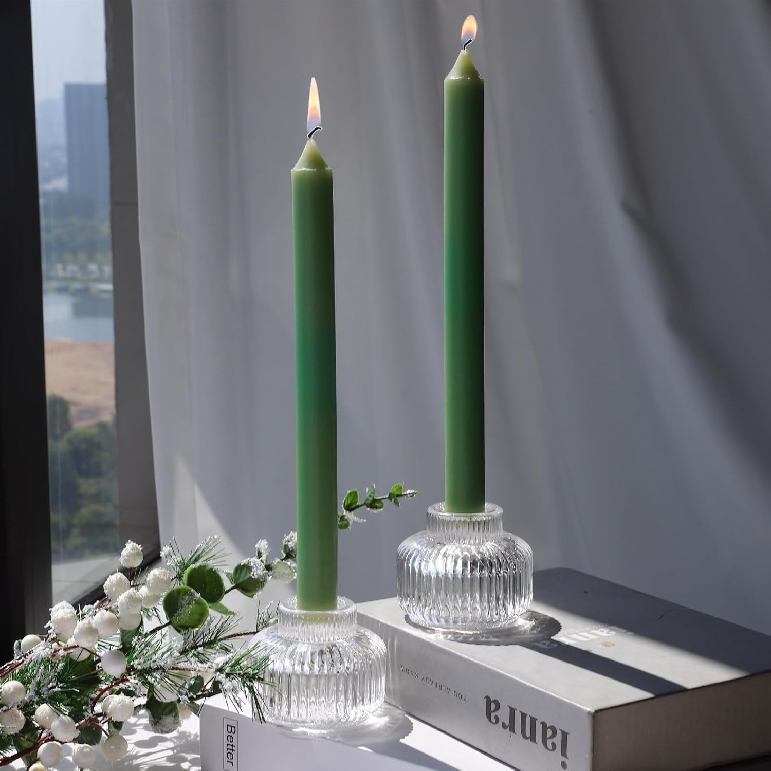 Woho Candlestick Holders Set of 4, Amber Votive Candle Holders for Fall Wedding Table Centerpiece, Ribbed Glass Taper Candle Holders for Dinner Party Halloween Thanksgiving Decor - Grand Goldman