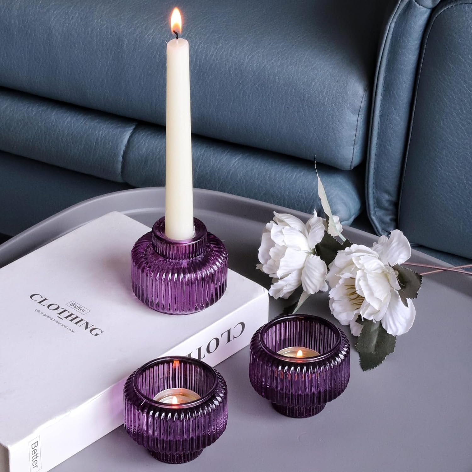 Woho Candlestick Holders Set of 4, Amber Votive Candle Holders for Fall Wedding Table Centerpiece, Ribbed Glass Taper Candle Holders for Dinner Party Halloween Thanksgiving Decor - Grand Goldman