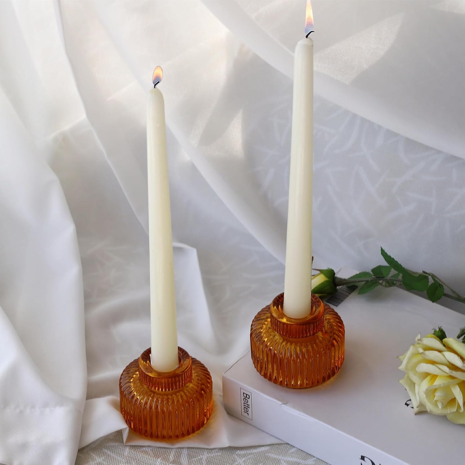 Woho Candlestick Holders Set of 4, Amber Votive Candle Holders for Fall Wedding Table Centerpiece, Ribbed Glass Taper Candle Holders for Dinner Party Halloween Thanksgiving Decor - Grand Goldman