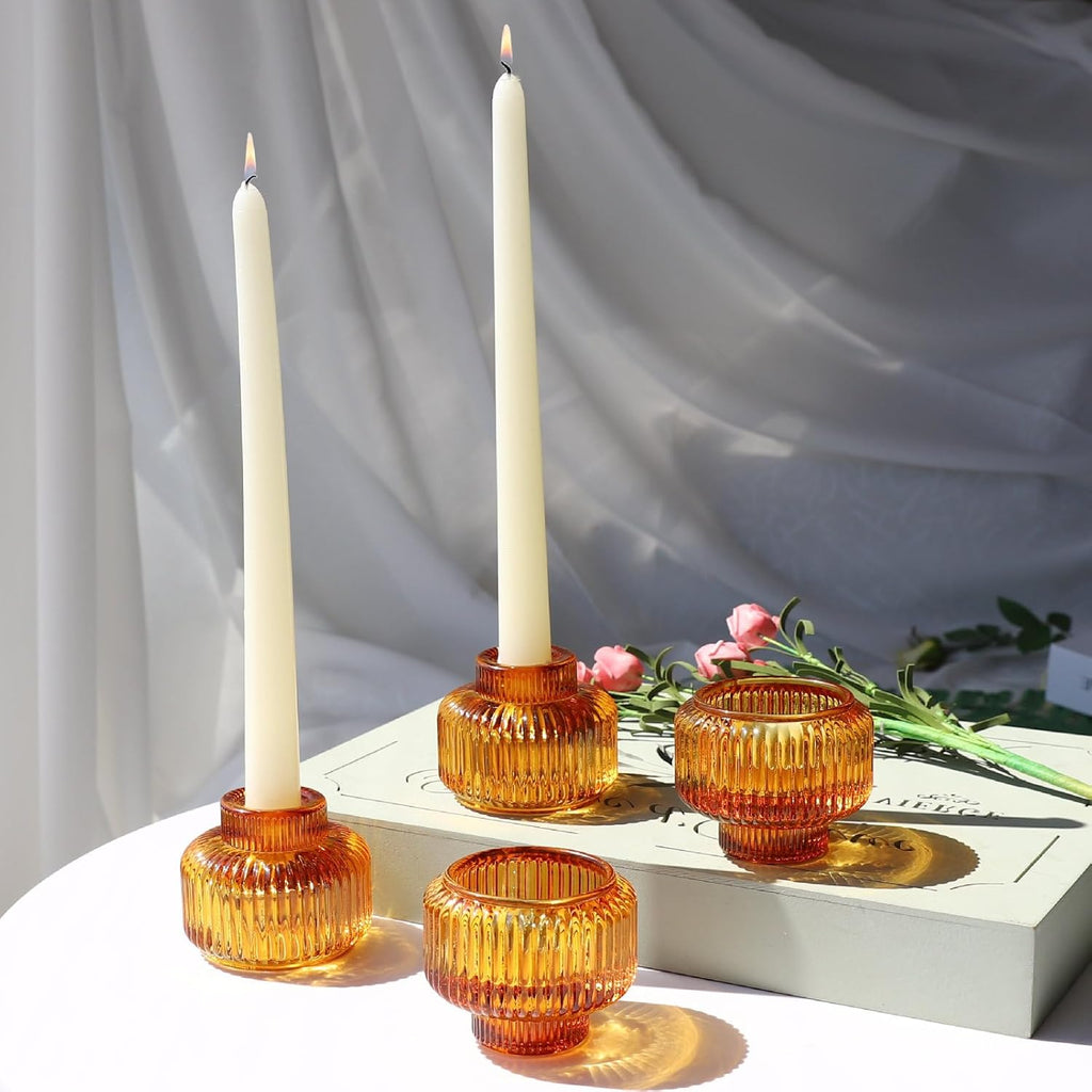 Woho Candlestick Holders Set of 4, Amber Votive Candle Holders for Fall Wedding Table Centerpiece, Ribbed Glass Taper Candle Holders for Dinner Party Halloween Thanksgiving Decor - Grand Goldman