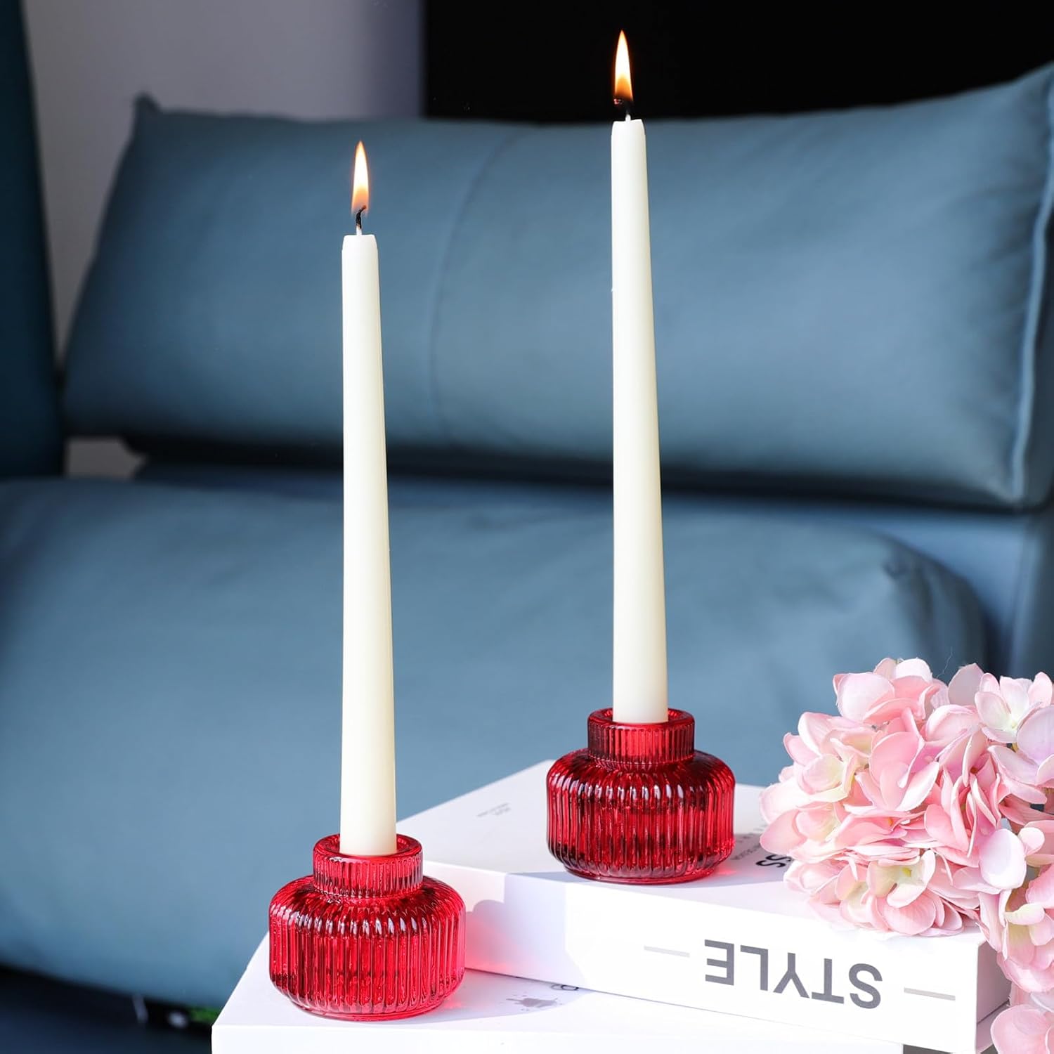 Woho Candlestick Holders Set of 4, Amber Votive Candle Holders for Fall Wedding Table Centerpiece, Ribbed Glass Taper Candle Holders for Dinner Party Halloween Thanksgiving Decor - Grand Goldman