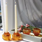 Woho Candlestick Holders Set of 4, Amber Votive Candle Holders for Fall Wedding Table Centerpiece, Ribbed Glass Taper Candle Holders for Dinner Party Halloween Thanksgiving Decor - Grand Goldman