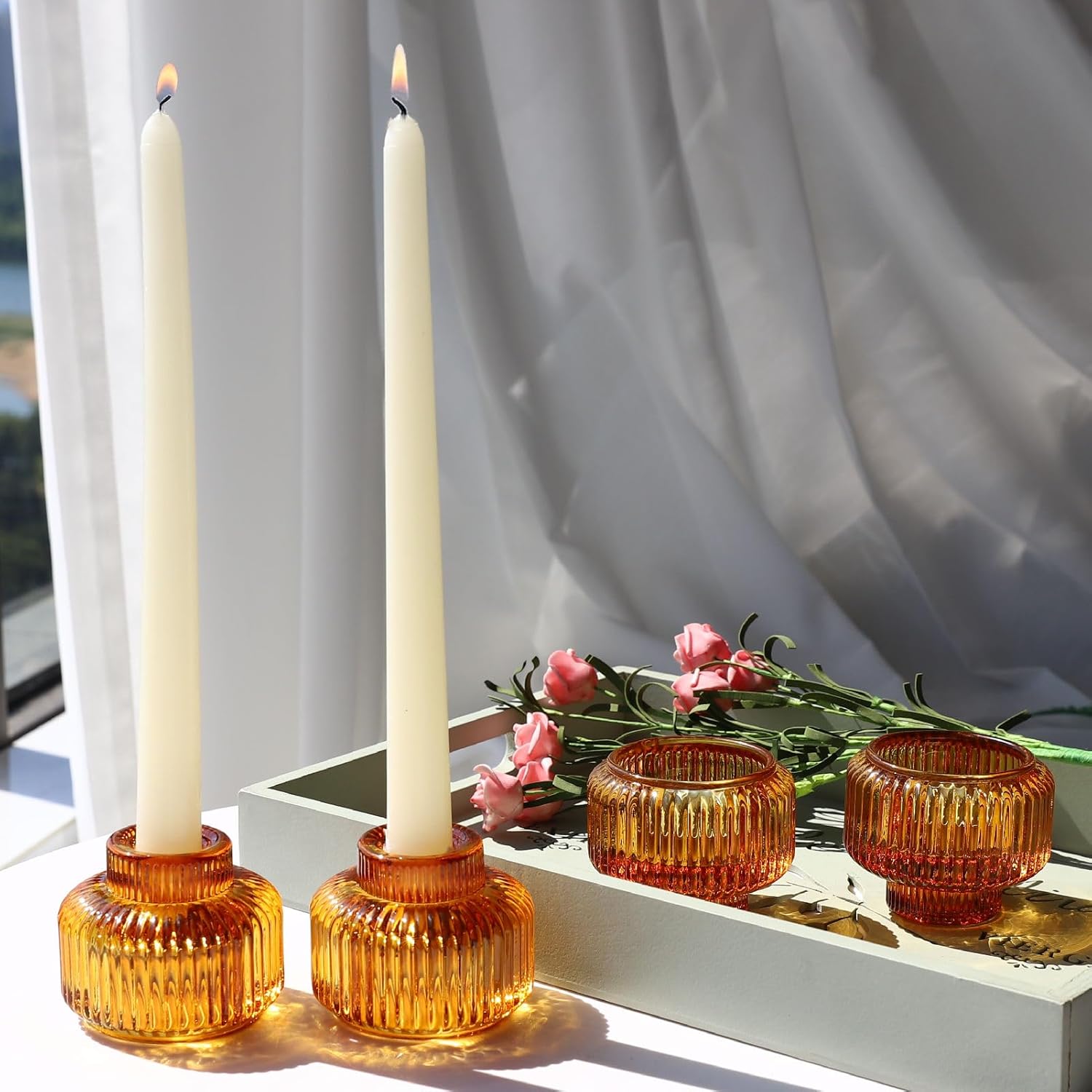 Woho Candlestick Holders Set of 4, Amber Votive Candle Holders for Fall Wedding Table Centerpiece, Ribbed Glass Taper Candle Holders for Dinner Party Halloween Thanksgiving Decor - Grand Goldman