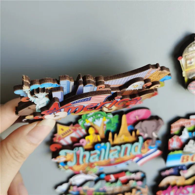 Wooden Refrigerator Magnet Travel Souvenir United States Barcelona Russia Canada Thailand Denmark Magnetic Fridge Sticker - Grand Goldman