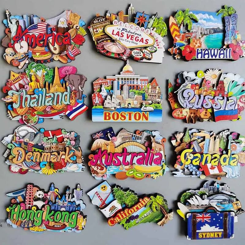 Wooden Refrigerator Magnet Travel Souvenir United States Barcelona Russia Canada Thailand Denmark Magnetic Fridge Sticker - Grand Goldman