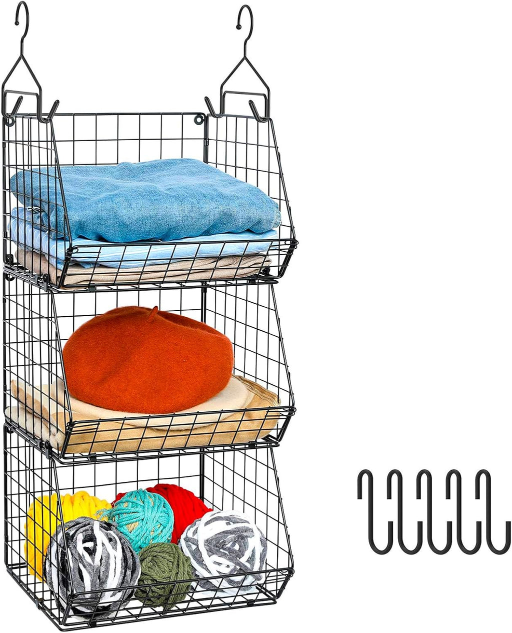 X-cosrack 3 Tier Foldable Closet Organizer, Clothes Shelves with 5 S Hooks, Wall Mount&Cabinet Wire Storage Basket Bins, for Clothing Sweaters Shoes Handbags Clutches Accessories-White Patent Design - Grand Goldman