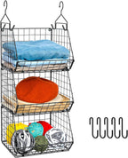 X-cosrack 3 Tier Foldable Closet Organizer, Clothes Shelves with 5 S Hooks, Wall Mount&Cabinet Wire Storage Basket Bins, for Clothing Sweaters Shoes Handbags Clutches Accessories-White Patent Design - Grand Goldman