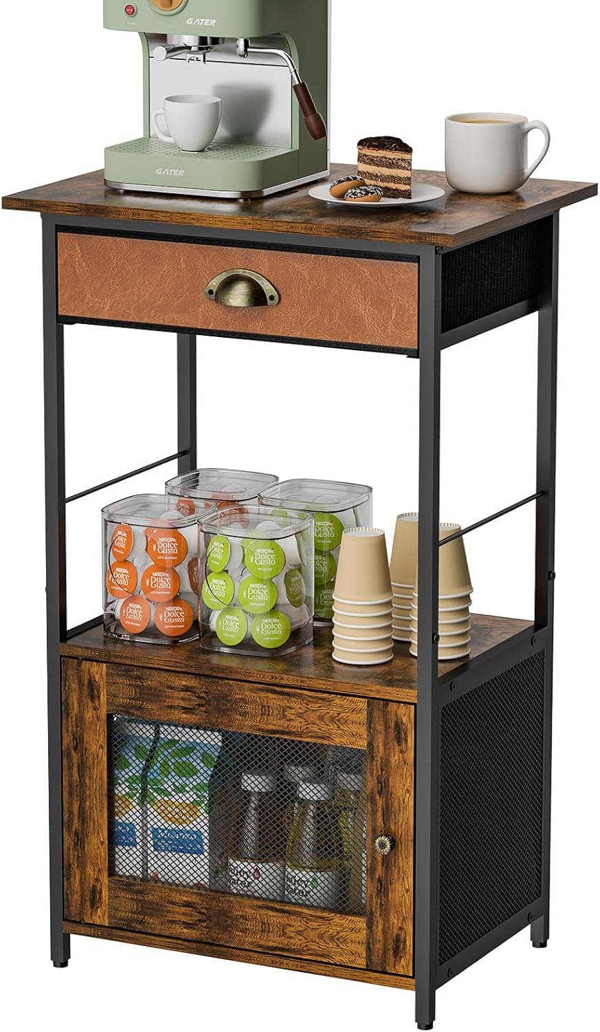 X-cosrack Coffee Bar Station, 3-Tier Small Coffee Stand Station with Storage, Farmhouse-Style Coffee Bar Cabinet Featuring 1-Door Cabinet Ideal for Living Room, Entryway, Kitchen - Grand Goldman