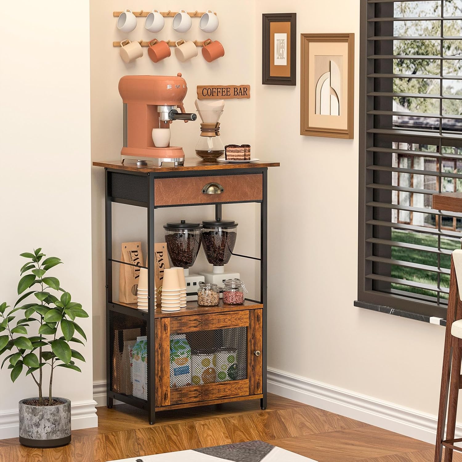 X-cosrack Coffee Bar Station, 3-Tier Small Coffee Stand Station with Storage, Farmhouse-Style Coffee Bar Cabinet Featuring 1-Door Cabinet Ideal for Living Room, Entryway, Kitchen - Grand Goldman